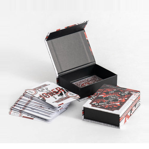 The Deck of Death: the magnetic box open, a stack of cards, and the closed box