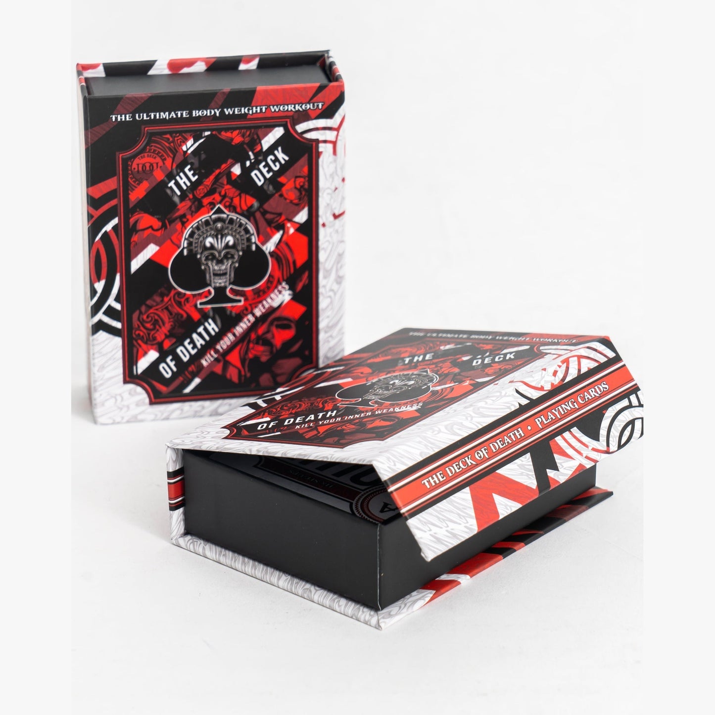 The Deck of Death magnetic tuck box, shown closed and open