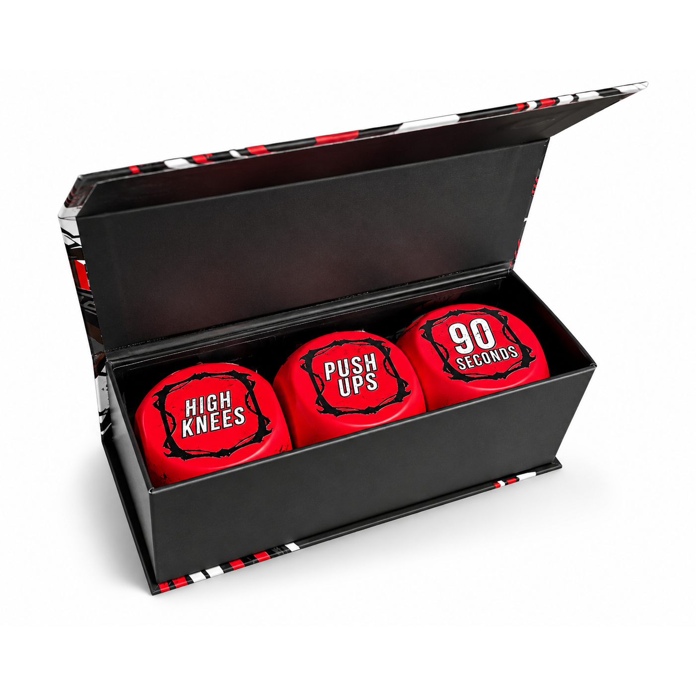 The dice box open, with all three workout dice inside