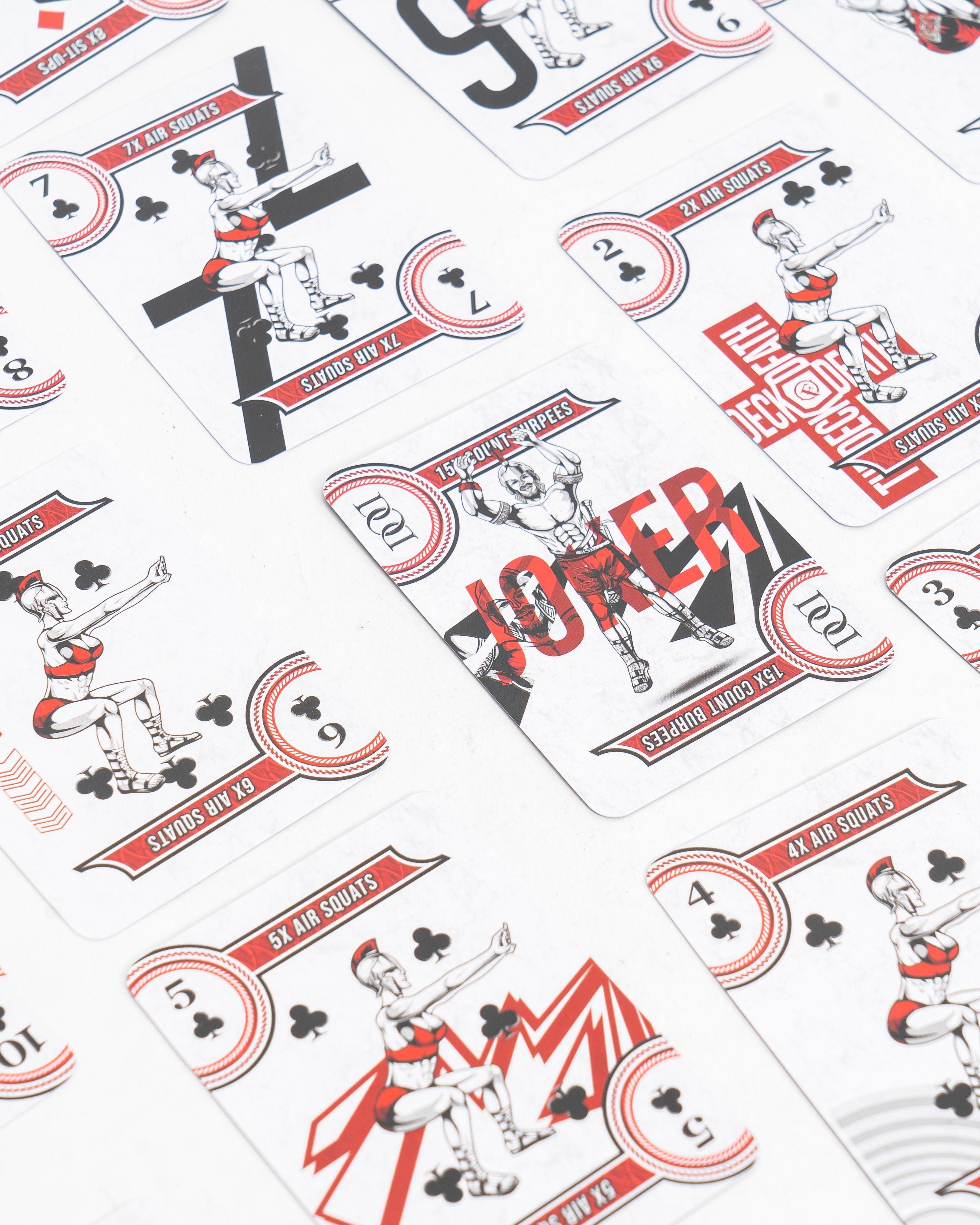 Set of fitness playing cards with excercise character design on a white background
