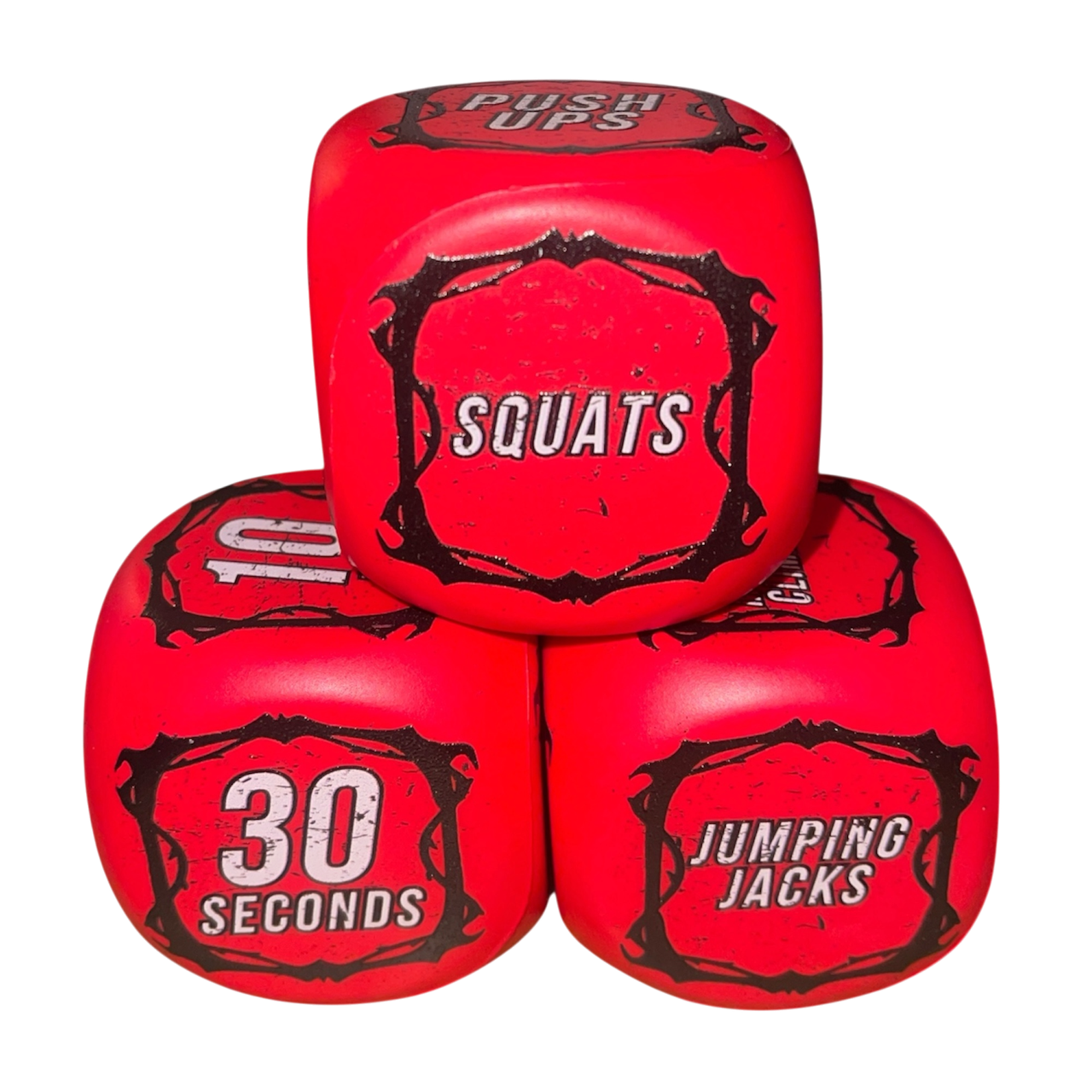 Three red dice with fitness exercise text on a white background
