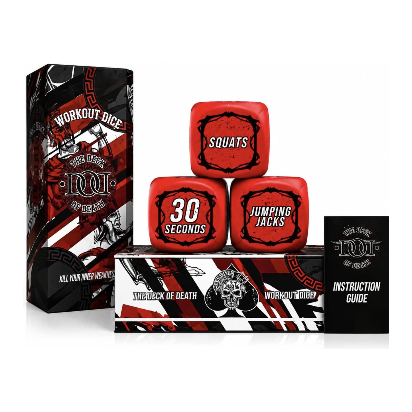 The dice half of the system: retail box, three workout dice, and the instruction guide