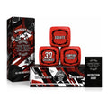 Deck of Death Workout Dice set: retail box, three red dice showing squats, jumping jacks and 30 seconds, and the instruction guide