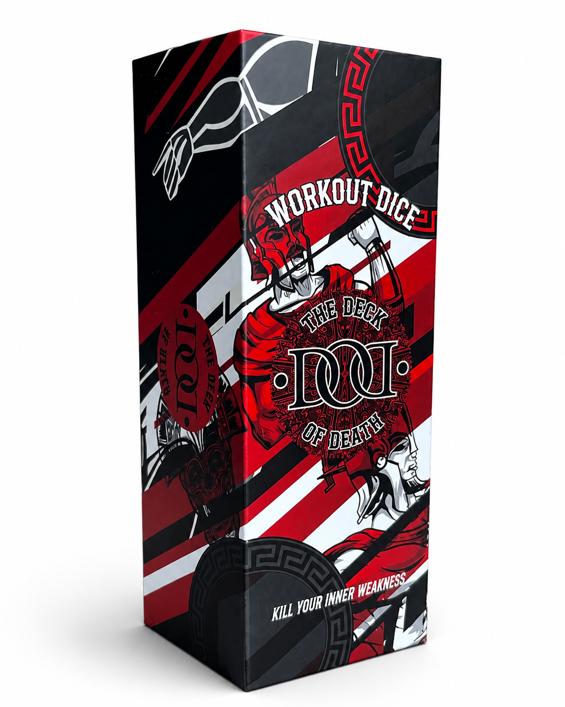 A tall rectangular product box with bold red, black, and white graphic artwork. The box features illustrated figures, Greek key patterns, and text including 'WORKOUT DICE', 'THE DECK OF DEATH', and 'KILL YOUR INNER WEAKNESS'.