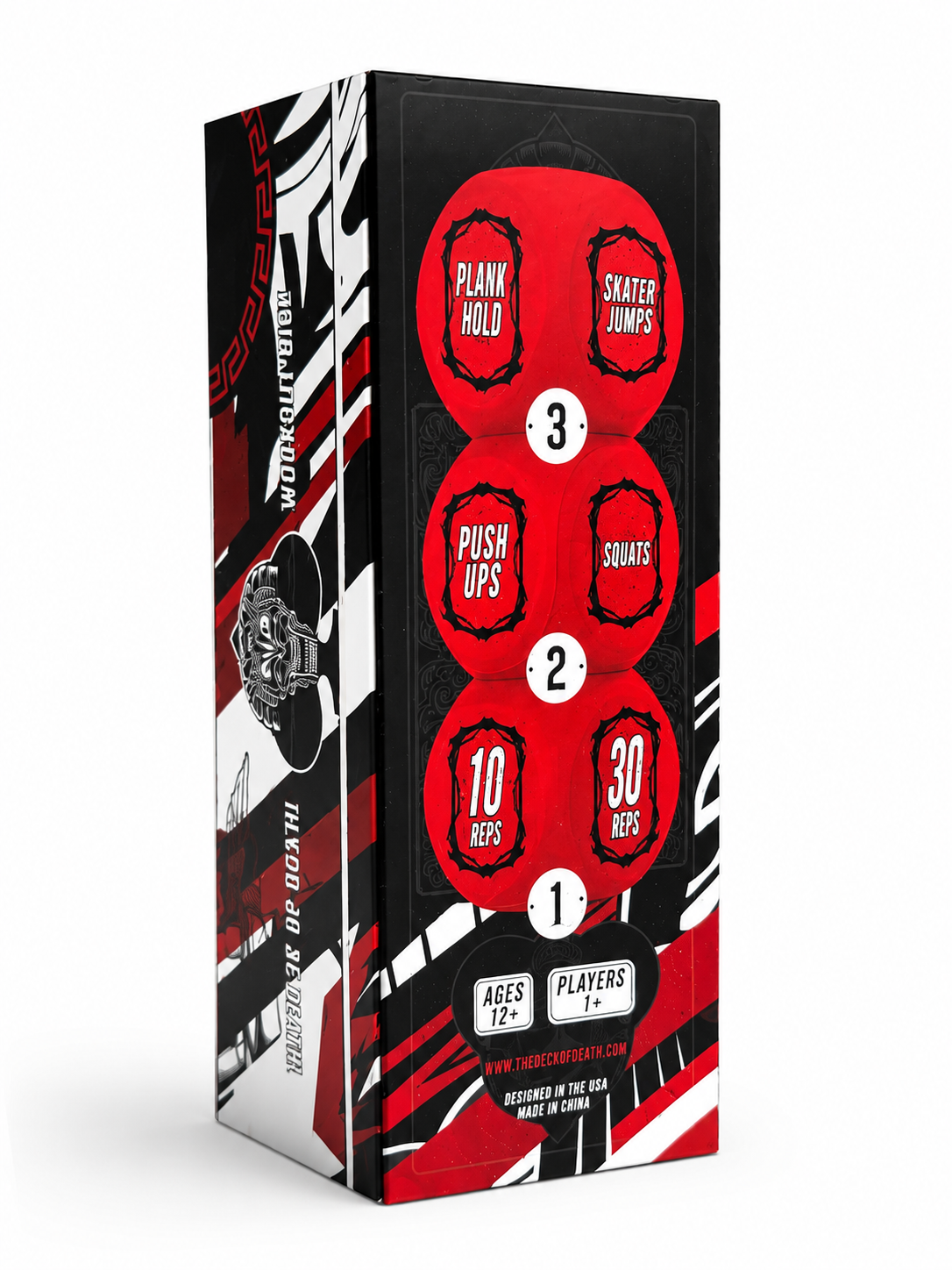 A tall rectangular product box for a fitness game set, shown on a plain white background. The box is black with bold red and white graphics and text, including labels such as plank hold, skateboard jumps, push ups, squats, reps, and players.